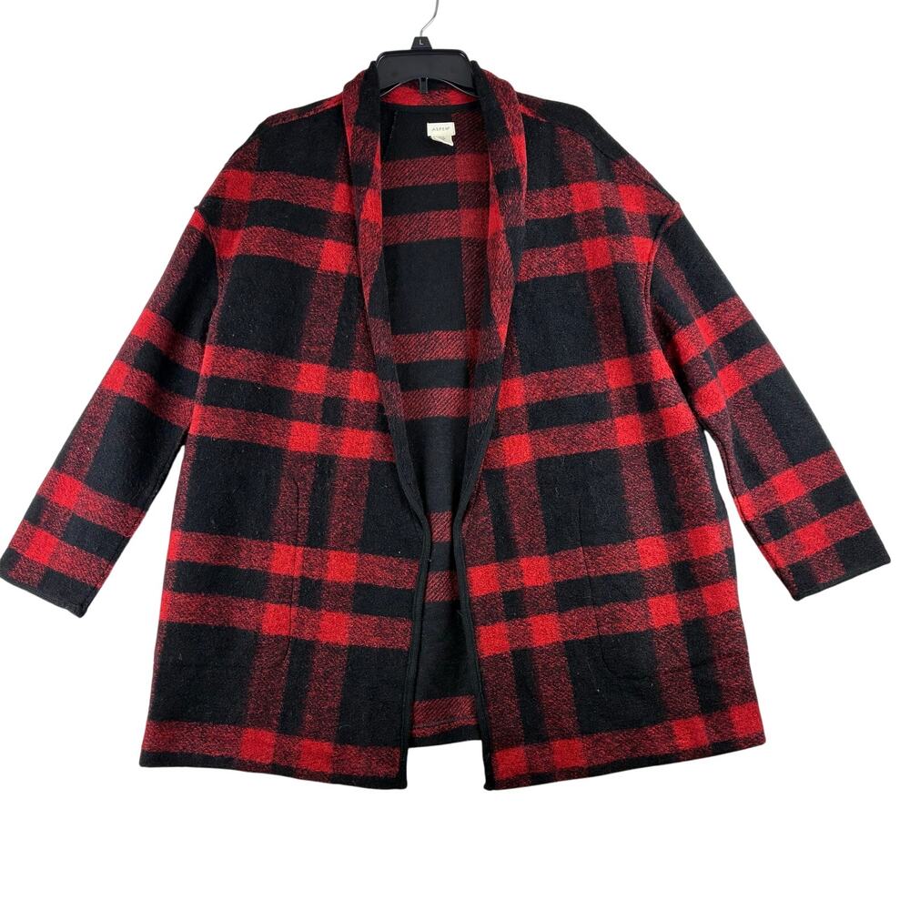 Aspen Wool Blend Open Front Jacket Women's Medium Red Black Plaid Winter Lumber